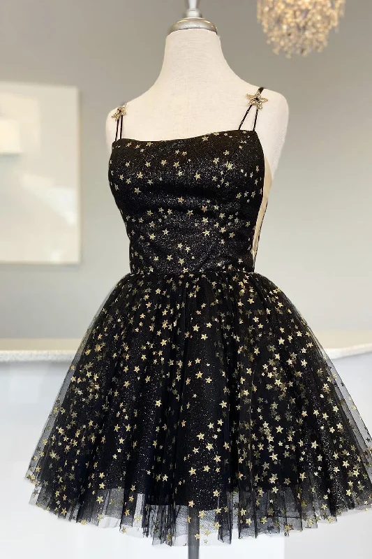 Buy Now Straps Champagne A-Line Tulle Homecoming Dress with Gold Stars