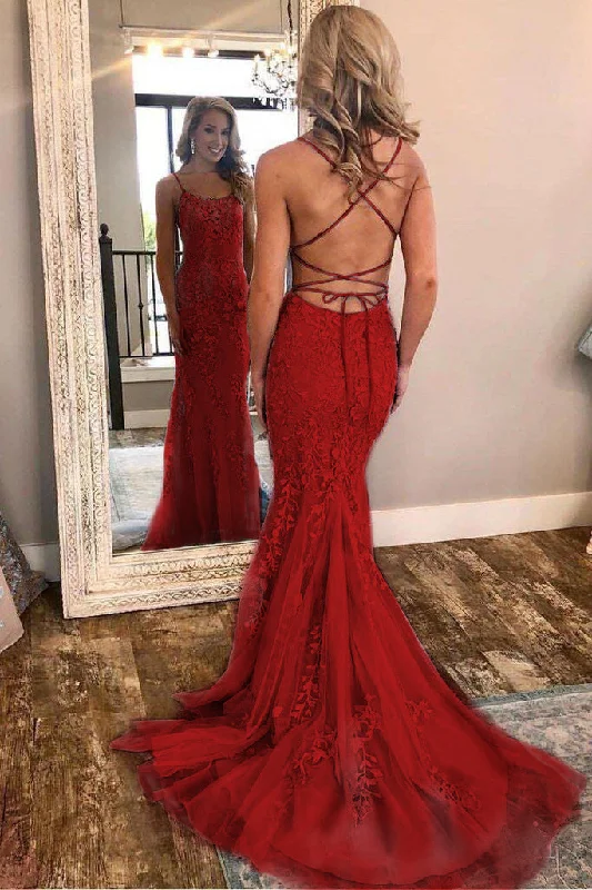 Savings Galore Mermaid Red Spaghetti Strap Lace Appliques Long Prom Dresses