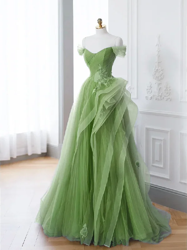 Savings Alert Green A-Line Off Shoulder Long Prom Dress Lace Long Evening Dress