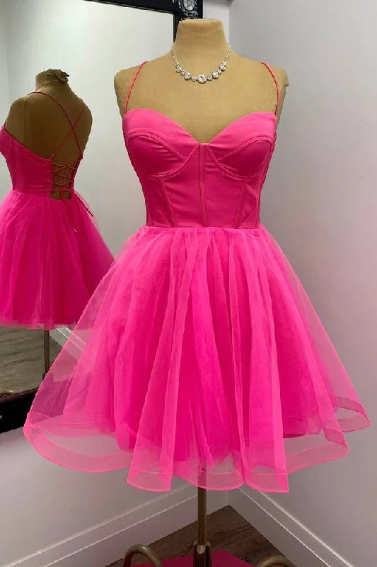 Huge Discounts Straps Hot Pink Lace-Up A-Line Homecoming Dress
