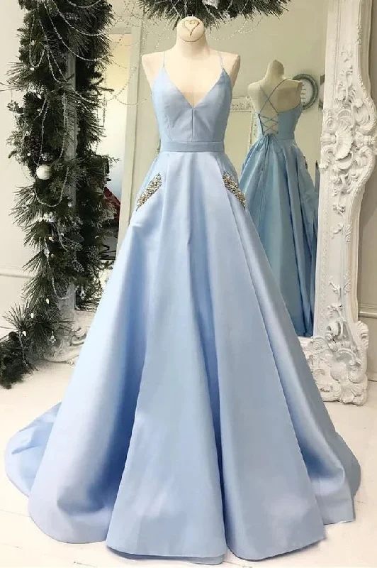 Online Only Light Blue V-Neck Floor Length Satin Prom Dresses with Pockets