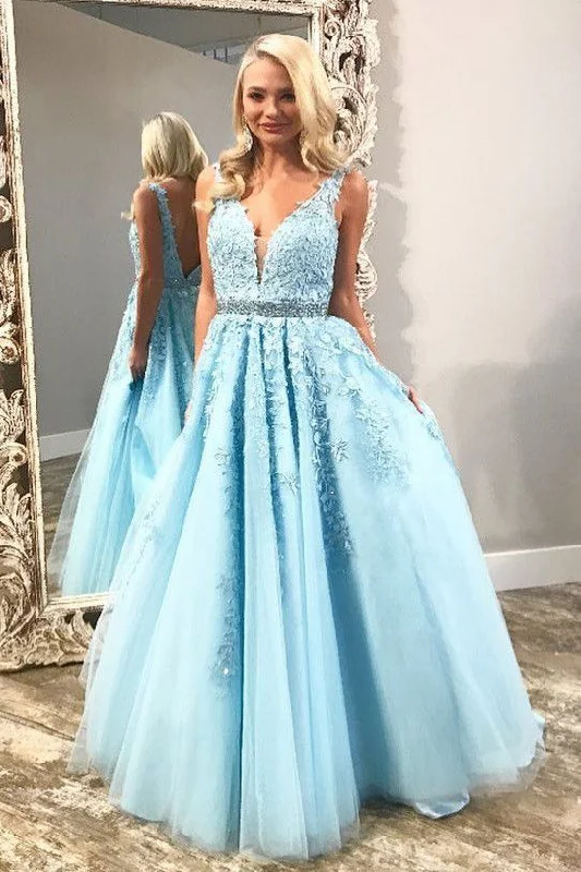 Early Access Light Sky Blue V-Neck Tulle Prom Dresses with Lace Appliques N1760