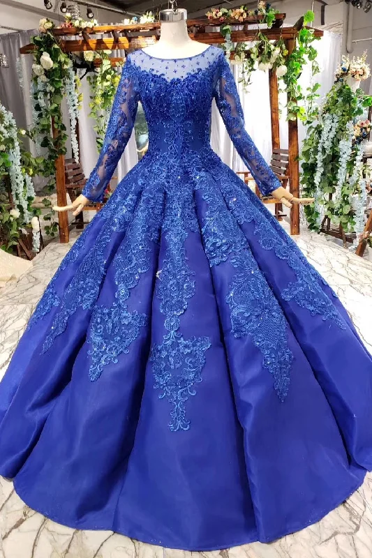 Online Specials Puffy Royal Blue Long Sleeves Quince Ball Gown Prom Dresses