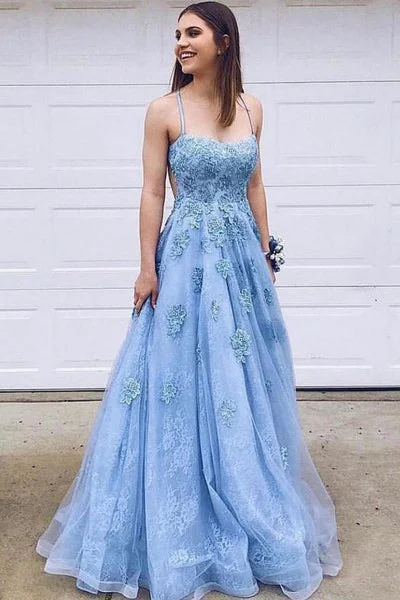 TIME-Limited Offer Blue Lace Tulle Spaghetti Straps Long Prom Dresses with Lace Applique N2170