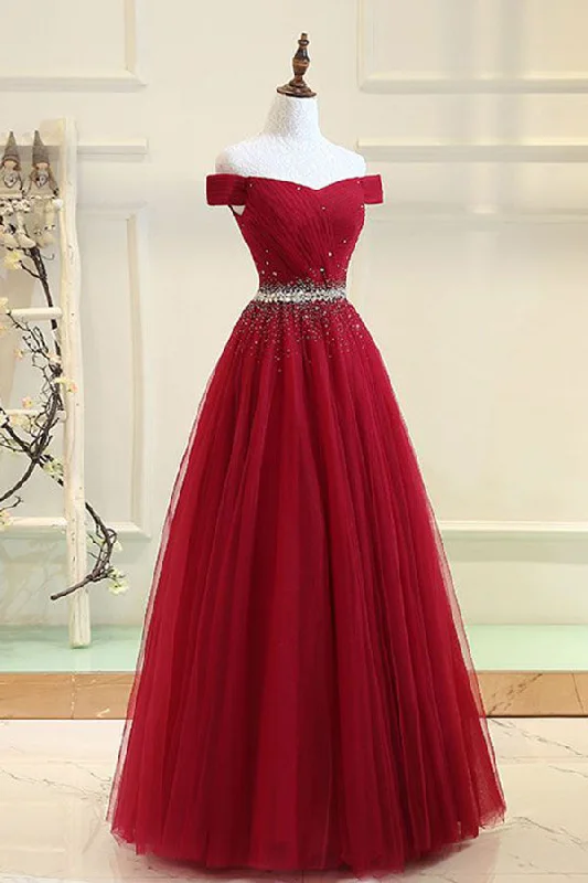 Take Advantage Off the Shoulder Tulle Long Prom Dresses with Rhinestones Burgundy Formal Dresses N1544