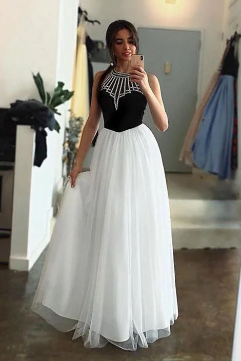 Limited Time Offer White Tulle Halter Long Prom Dress A Line Sleeveless Long Party Dress with Beading N1662
