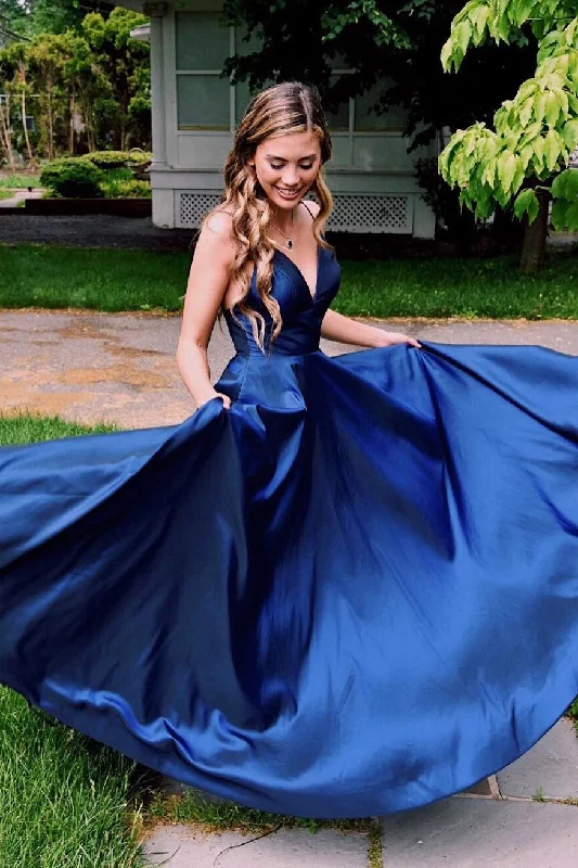 Today Only A Line V-Neck Satin Prom Dresses Spaghetti Straps Long Evening Dresses N2088