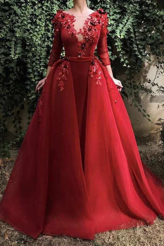 Closeout A Line Organza Midi Sleeves Red Puffy Prom Dresses with Flowers