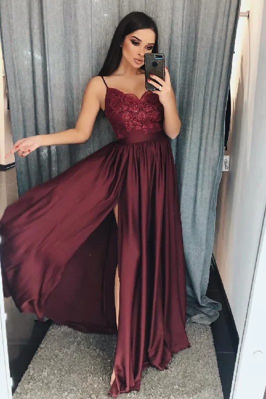 Year-End Sale Burgundy Spaghetti Straps Lace V-Neck Side Slit Prom Dresses