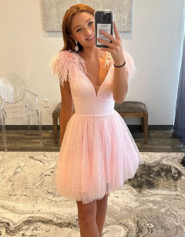 Bonus Savings Lovely A-Line V-Neck Short Homecoming Dress With Feather