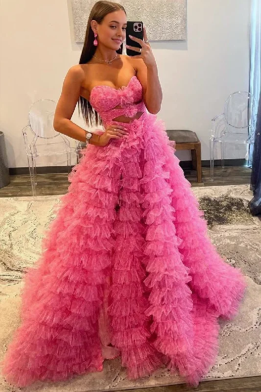 Special Offer Ball Gown Sweetheart Pink Tiered Printed Tulle Prom Dress