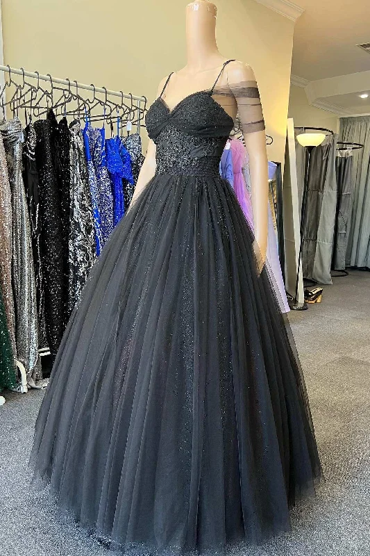 Price Slash Princess Black Tulle Cold-Shoulder Long Prom Gown