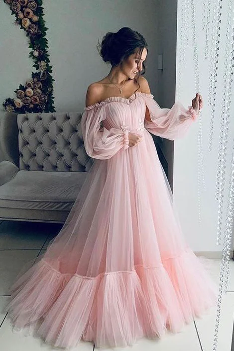Bargain Bin Sweet Off The Shoulder Long Sleeves Bohemian Light Pink Beach Wedding Dresses