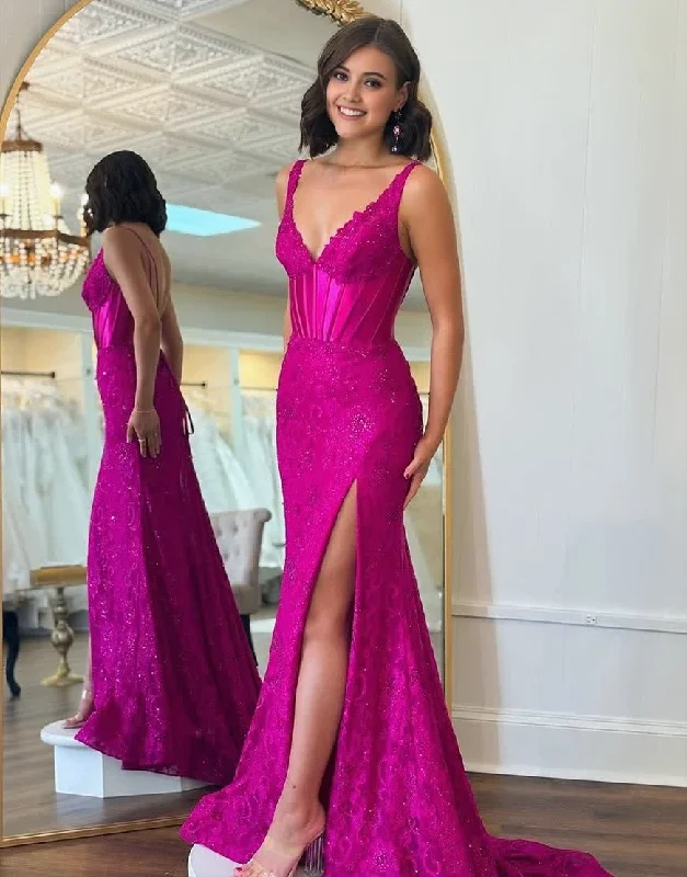 Bargain Prices Glitter Fuchsia Mermaid Sweep Train Prom Dress With Slit