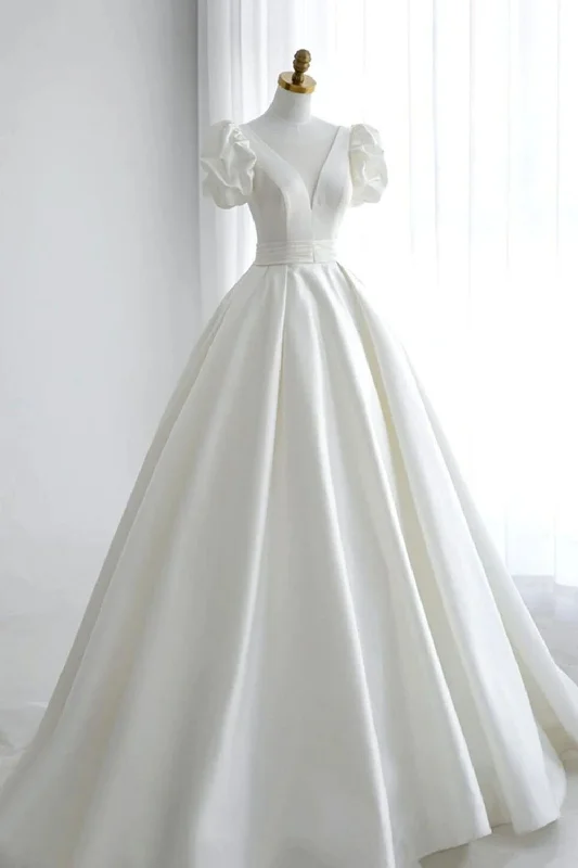 Amazing Deals Elegant A Line V Neck White Wedding Dress with Short Sleeves