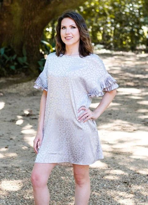 Can't Be Beat Satin Leopard Print Pleated Ruffle Sleeve Dress by Jodifl Clothing