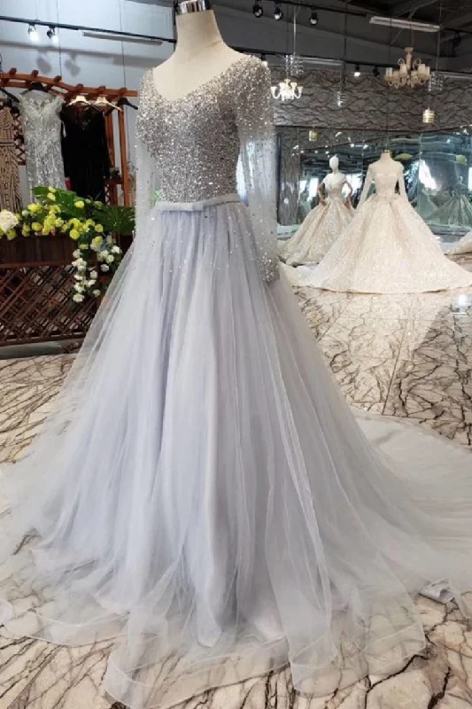 Sneak Peek Sale Sparkly A-Line V-Neck Long Sleeves Tulle Prom Dress with Sequins N1647