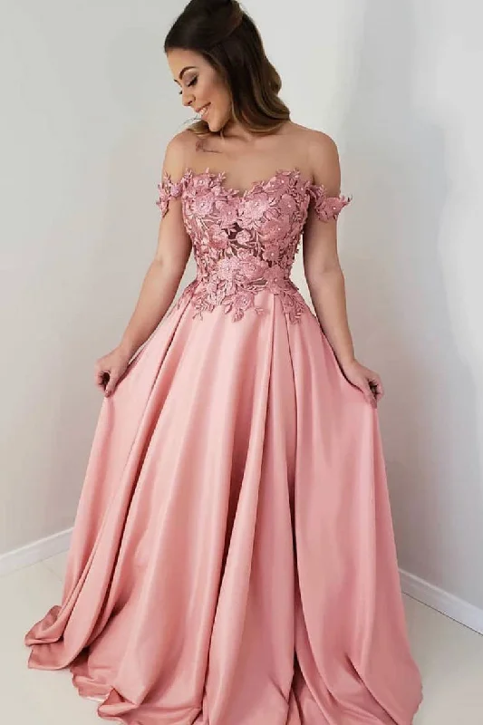 Epic Deals Pink Sheer Neck Long Prom Dresses with Lace Appliques Charming Party Dresses with Beads N1682