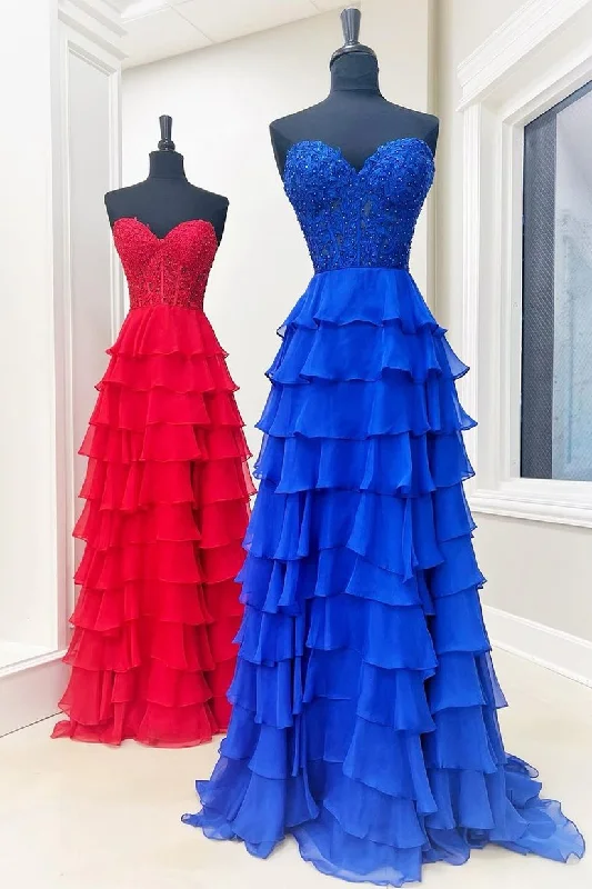 Great Deals Royal Blue Chiffon Sweetheart Ruffle Tiered Long Prom Dress