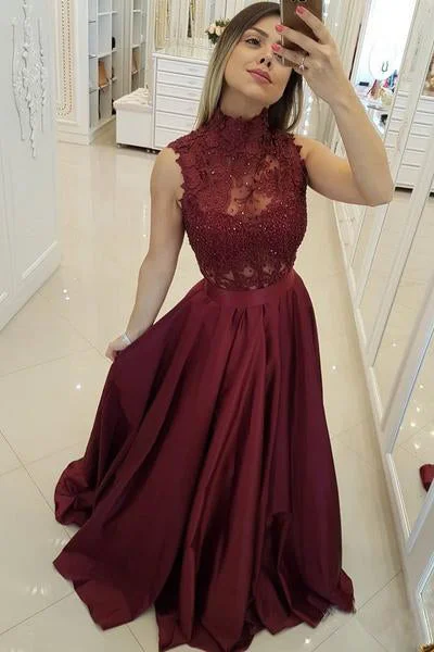 Price Cut Dark Red High Neck Sleeveless Long Prom Dresses with Lace A Line Graduation Dresses N1576