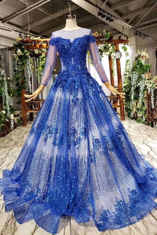 Special Offer Gorgeous Long Sleeve Sheer Neck Tulle Blue Applique Ball Gown Prom Dresses with Beads N1996