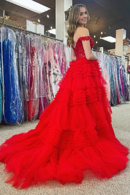 Hurry In Red Tulle Off-the-Shoulder Ruffle Tiered Long Prom Dress