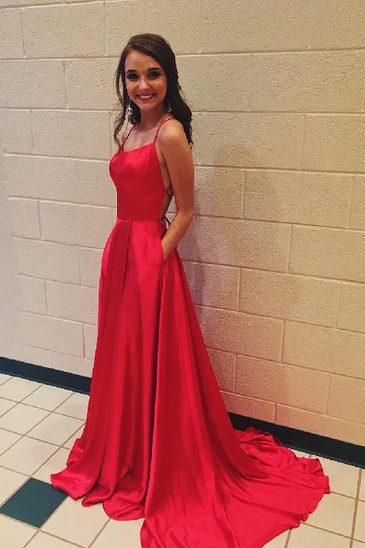 Early Access Simple Red Spaghetti Strap Formal Dresses with Pockets Sexy Long Prom Dresses N1615