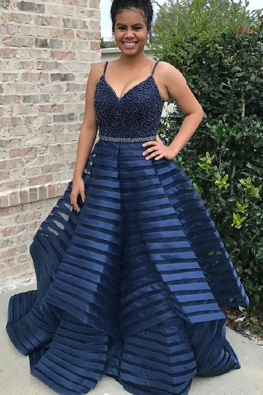 New Deals Dark Blue Spaghetti Straps Puffy Prom Dresses with Beads Unique Long Evening Dresses N1752