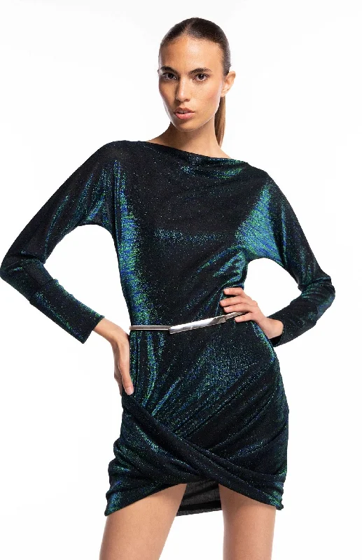 Overstock Oneero Glam | Sleek Shimmer: Draped Iridescent Knit Dress