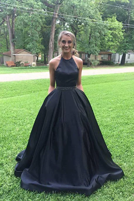 Deal of the Day Black Halter Satin Prom Dress with Beading Long Evening Dress with Pockets N2070