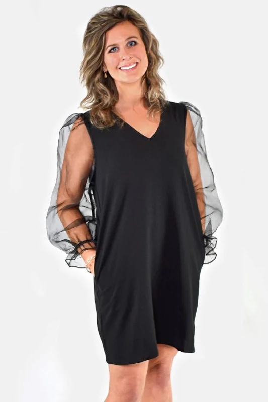 Don't Miss Solid Sheer Edge Bubble Sleeves Mini Dress by Jodifl Clothing