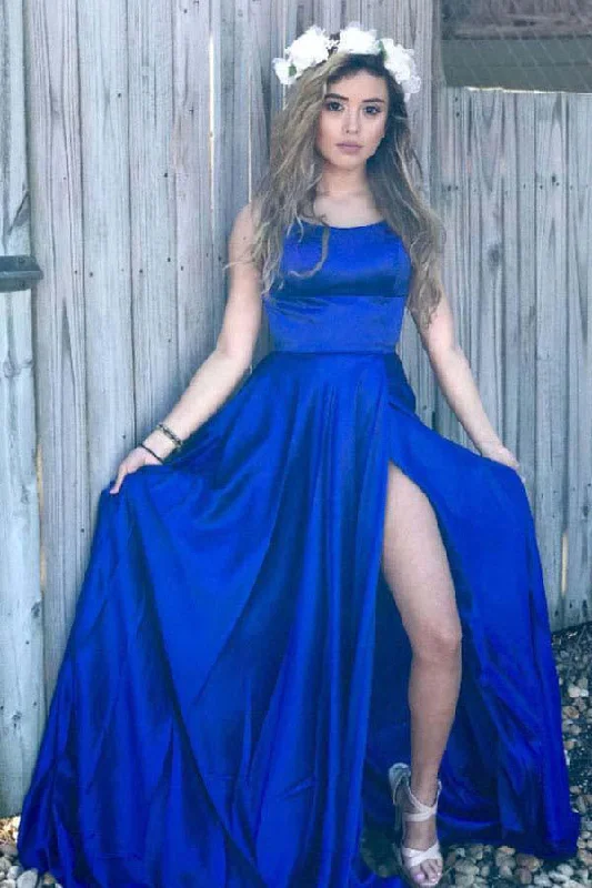 Deal Dash Royal Blue Spaghetti Strap Formal Dresses with Side Slit Sexy Sleeveless Long Prom Dresses N1616