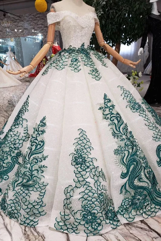 Price Slash New Arrival Ball Gown Off the Shoulder Prom Dresses with Green Appliques Quinceanera Dresses N1649