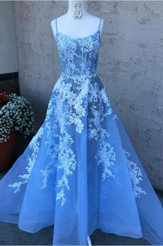 Discount Mania A Line Blue Spaghetti Straps Lace Appliqued Tulle Prom Dress