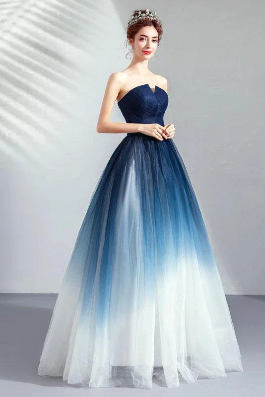 Midnight Madness Ombre Tulle Strapless A Line Floor Length Elegant Prom Dresses N1700