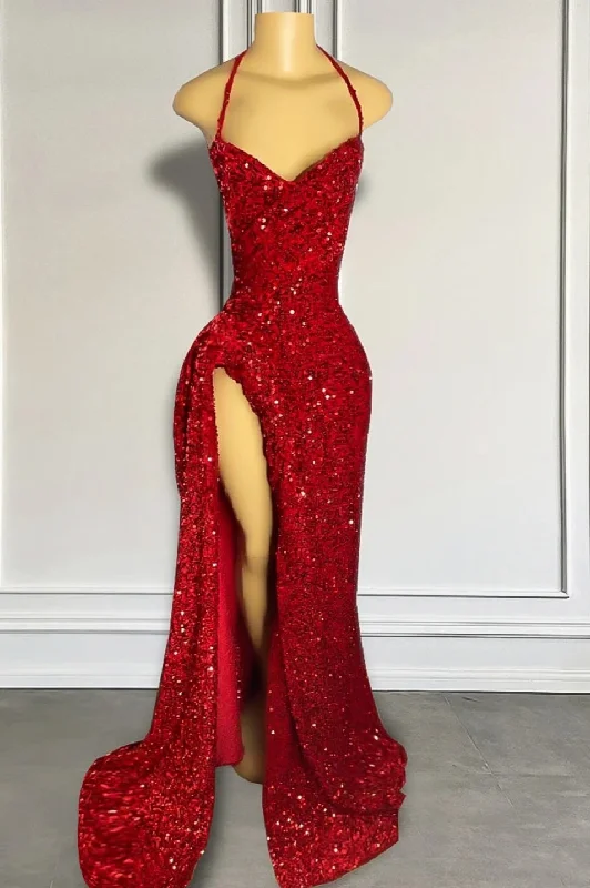 Weekend Special Halter Burgundy High Split Floor Length Prom Dresses