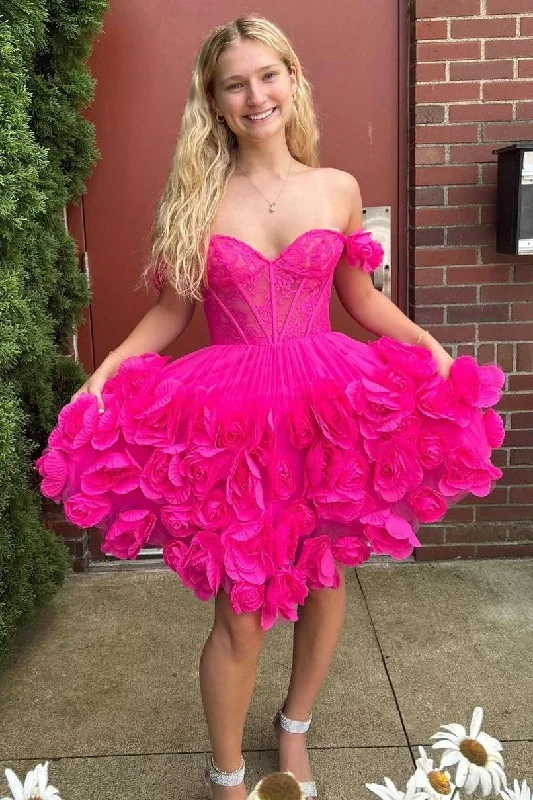 Epic Deals Stunning Hot Pink A-Line Off The Shoulder Short Tulle Homecoming Dress With 3D Flowers