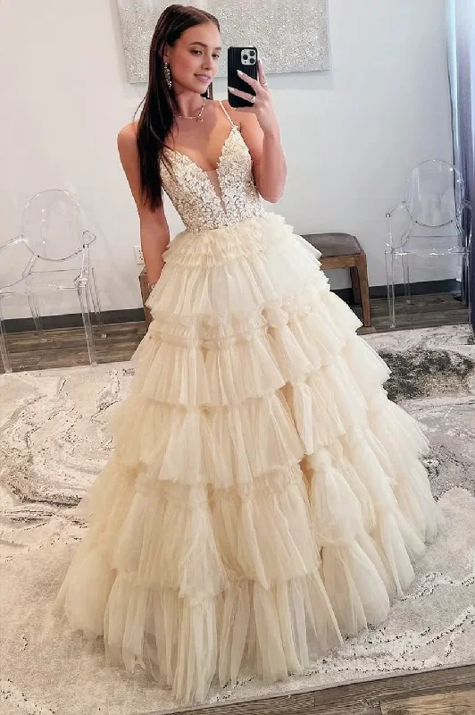New Markdowns Champagne Beaded Spaghetti Strap Ruffle Tiered Ball Gown