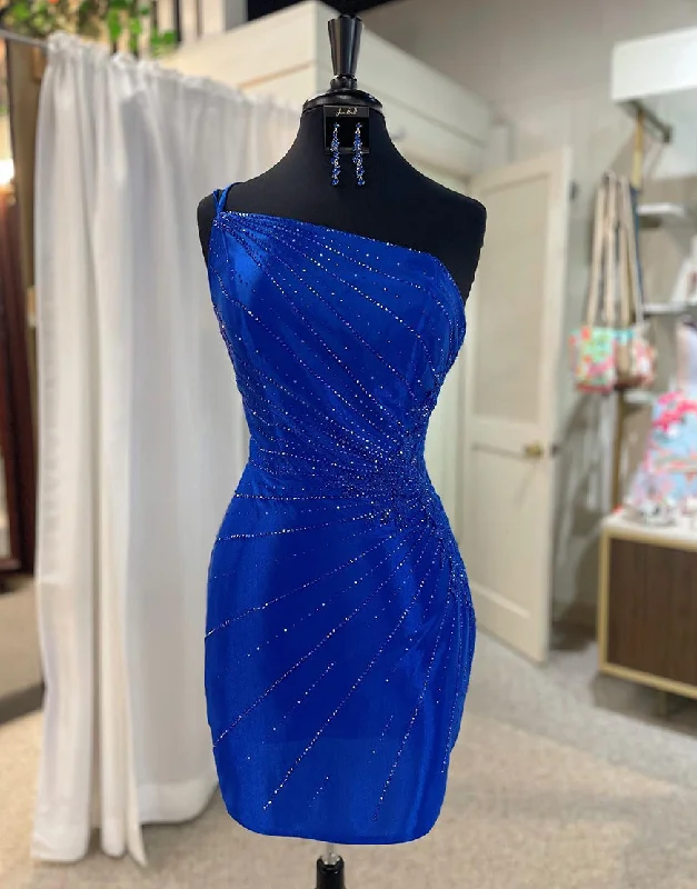Take Advantage Royal Blue One Shoulder Tight Glitter Homecoming Dress