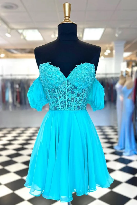 Mega Sale A Line Lace Off the Shoulder Homecoming Dress with Appliques