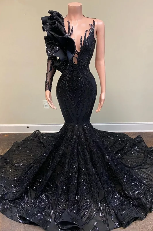 Early Bird Discount V-neck Flowers Mermaid Long Sleeves Prom Dresses