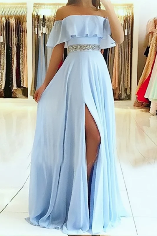 Overstock Off the Shoulder Side Slit Flowy Prom Dresses with Beading Waist