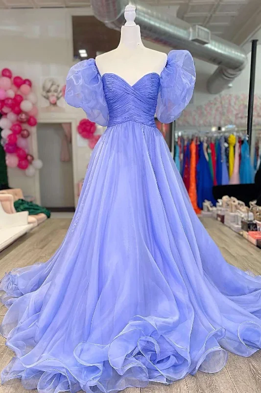 Year-End Sale Lavender Strapless A-Line Prom Dress with Puff Sleeves