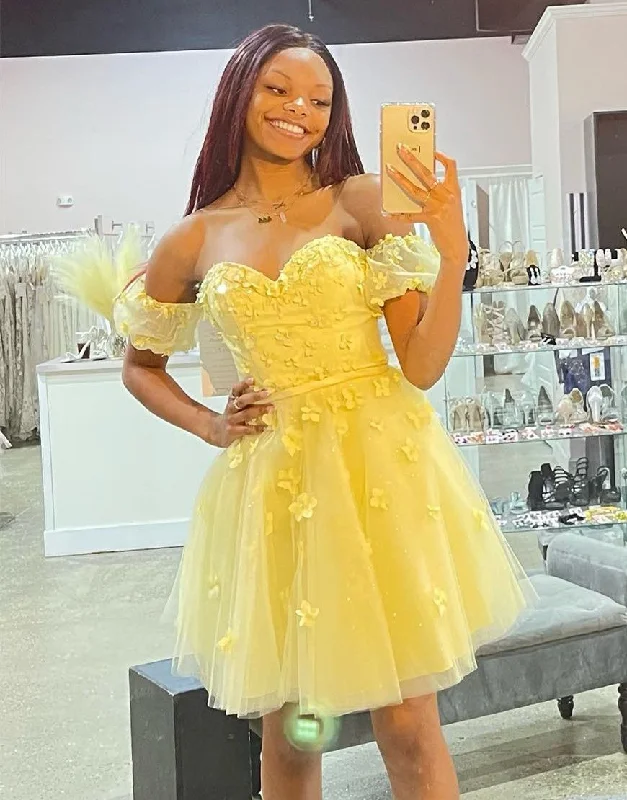One-DAY Sale Yellow Off The Shoulder Homecoming Dress With Appliques