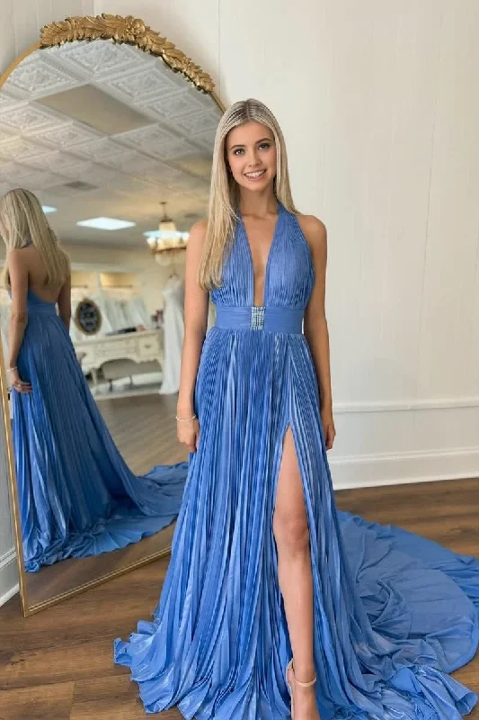Lowest Price Dusty Blue Halter Backless Pleated Chiffon Long Prom Dresses