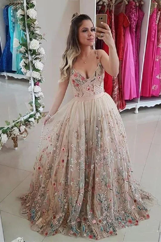 Massive Deals Lovely V-Neck Straps Sleeveless Long Floral Prom Dresses
