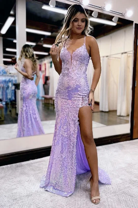 Fantastic Offers Lilac V Neck Sequin Lace Long Prom Dresses With Split