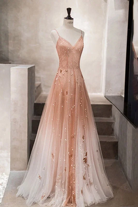 Super Deal Unique Spaghetti Straps V-Neck Sleeveless Tulle Prom Dress N2090