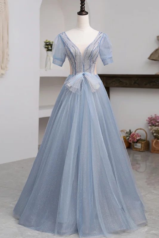 Daily Deals Blue Short Sleeve Tulle Floor Length Prom Dress with Beaded