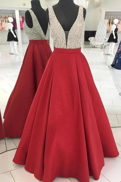 Year-End Sale Red V-Neck Sleeveless Beading Prom Dresses A Line Satin Sparkly Long Party Dresses N1731